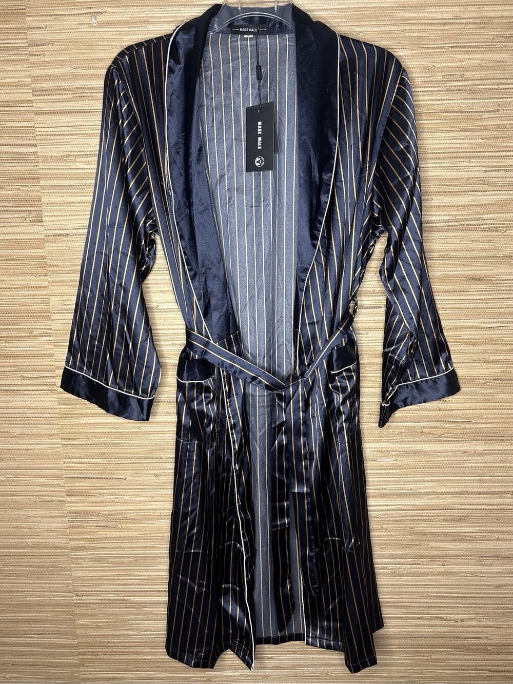 NWT Mage Male Men's Polyester Satin Striped Kimono Bathrobe 41” Sz S